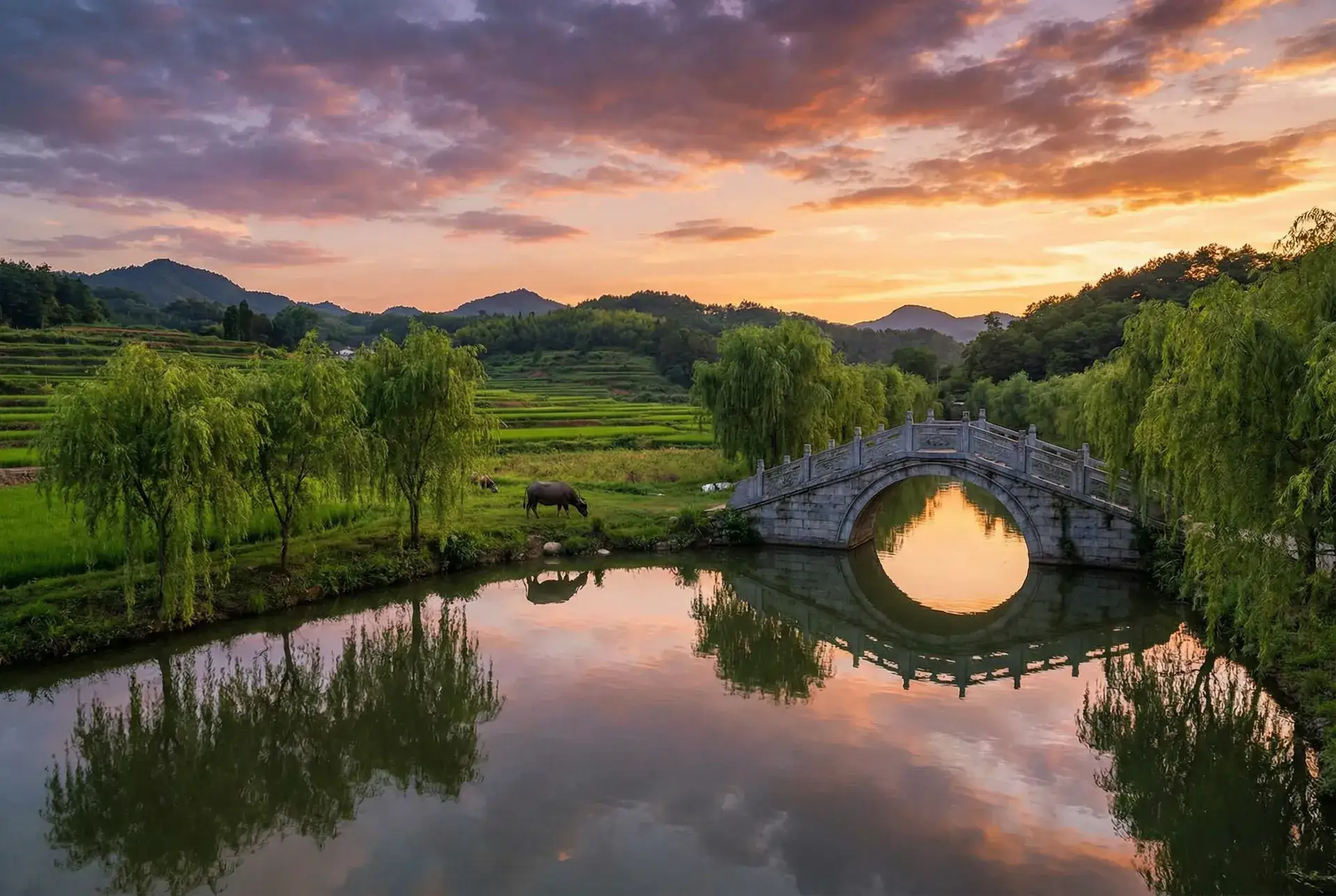 夕阳下的石拱桥与垂柳，水牛在河边吃草 - 一路向西 字幕 乡村美景